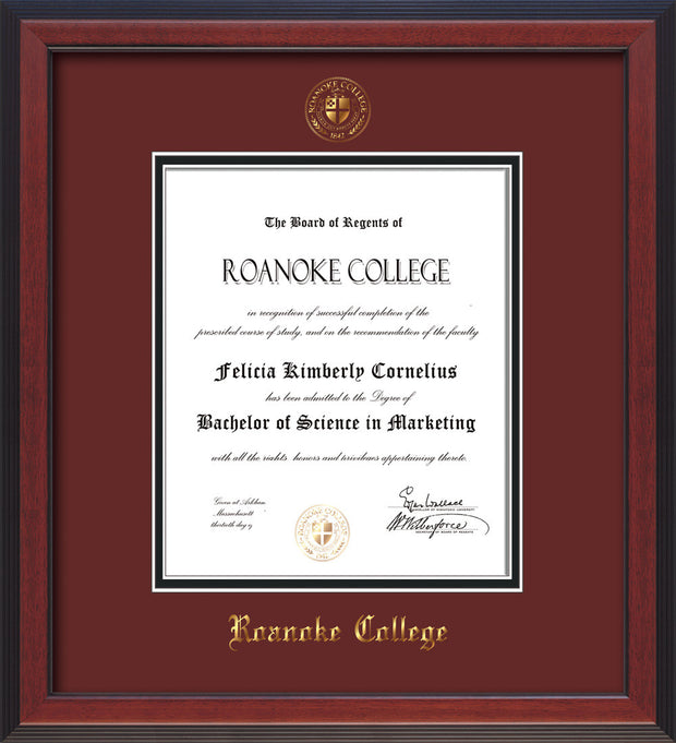 Image of Roanoke College Diploma Frame - Cherry Reverse - w/Embossed RC Seal & Name - Maroon on Black mat