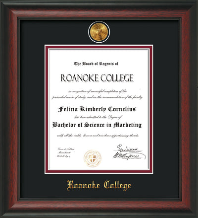 Image of Roanoke College Diploma Frame - Rosewood - w/24k Gold-Plated Medallion RC Name Embossing - Black on Maroon mats