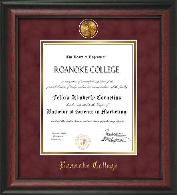 Image of Roanoke College Diploma Frame - Rosewood - w/24k Gold-Plated Medallion RC Name Embossing - Garnet Suede on Gold mats