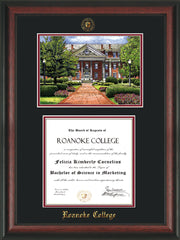 Image of Roanoke College Diploma Frame - Rosewood - w/Embossed RC Seal & Name - w/Campus Watercolor - Black on Maroon mat