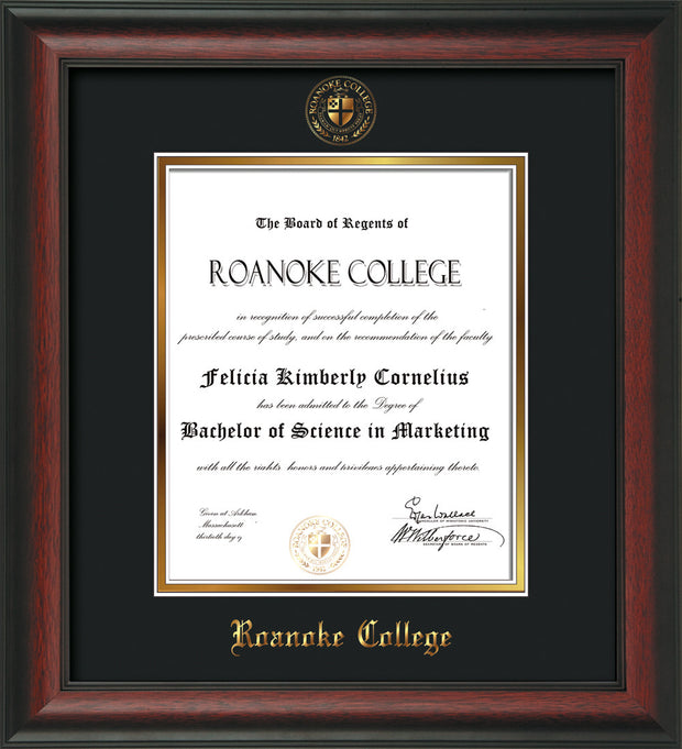 Image of Roanoke College Diploma Frame - Rosewood - w/Embossed RC Seal & Name - Black on Gold mat