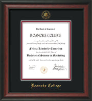 Image of Roanoke College Diploma Frame - Rosewood - w/Embossed RC Seal & Name - Black on Maroon mat