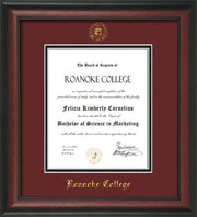 Image of Roanoke College Diploma Frame - Rosewood - w/Embossed RC Seal & Name - Maroon on Black mat