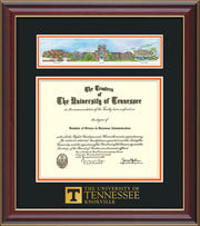 Image of University of Tennessee Diploma Frame - Cherry Lacquer - w/Embossed UTK School Wordmark Only - Campus Collage - Black on Orange mat
