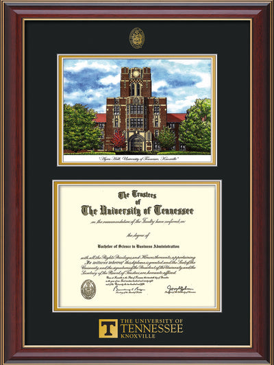 Image of University of Tennessee Diploma Frame - Cherry Lacquer - w/Embossed UTK Seal & Wordmark - Campus Watercolor - Black on Gold mat
