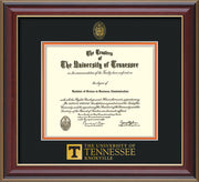 Image of University of Tennessee Diploma Frame - Cherry Lacquer - w/Embossed UTK Seal & Wordmark - Black on Orange Mat