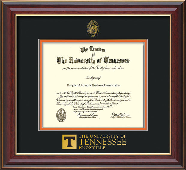 Image of University of Tennessee Diploma Frame - Cherry Lacquer - w/Embossed UTK Seal & Wordmark - Black on Orange Mat