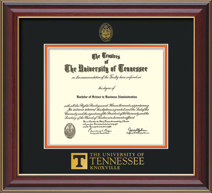 Image of University of Tennessee Diploma Frame - Cherry Lacquer - w/Embossed UTK Seal & Wordmark - Black on Orange Mat