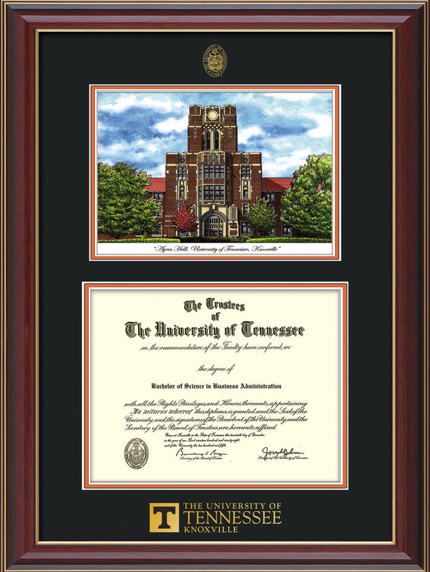 Image of University of Tennessee Diploma Frame - Cherry Lacquer - w/Embossed UTK Seal & Wordmark - Campus Watercolor - Black on Orange mat