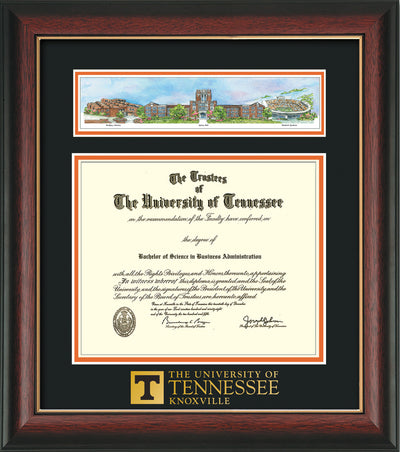 Image of University of Tennessee Diploma Frame - Rosewood w/Gold Lip - w/Embossed UTK School Wordmark Only - Campus Collage - Black on Orange mat