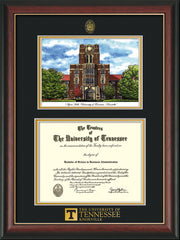 Image of University of Tennessee Diploma Frame - Rosewood w/Gold Lip - w/Embossed UTK Seal & Wordmark - Campus Watercolor - Black on Gold mat