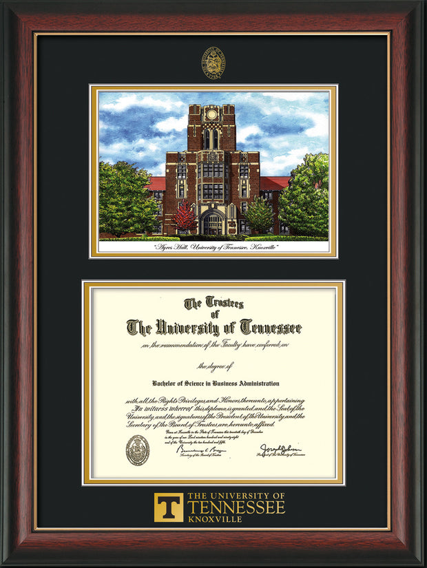 Image of University of Tennessee Diploma Frame - Rosewood w/Gold Lip - w/Embossed UTK Seal & Wordmark - Campus Watercolor - Black on Gold mat