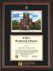 Image of University of Tennessee Diploma Frame - Rosewood w/Gold Lip - w/Embossed UTK Seal & Wordmark - Campus Watercolor - Black on Orange mat