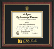 Image of University of Tennessee Diploma Frame - Rosewood w/Gold Lip - w/Embossed UTK Seal & Wordmark - Black on Gold Mat