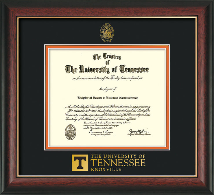 Image of University of Tennessee Diploma Frame - Rosewood w/Gold Lip - w/Embossed UTK Seal & Wordmark - Black on Orange Mat