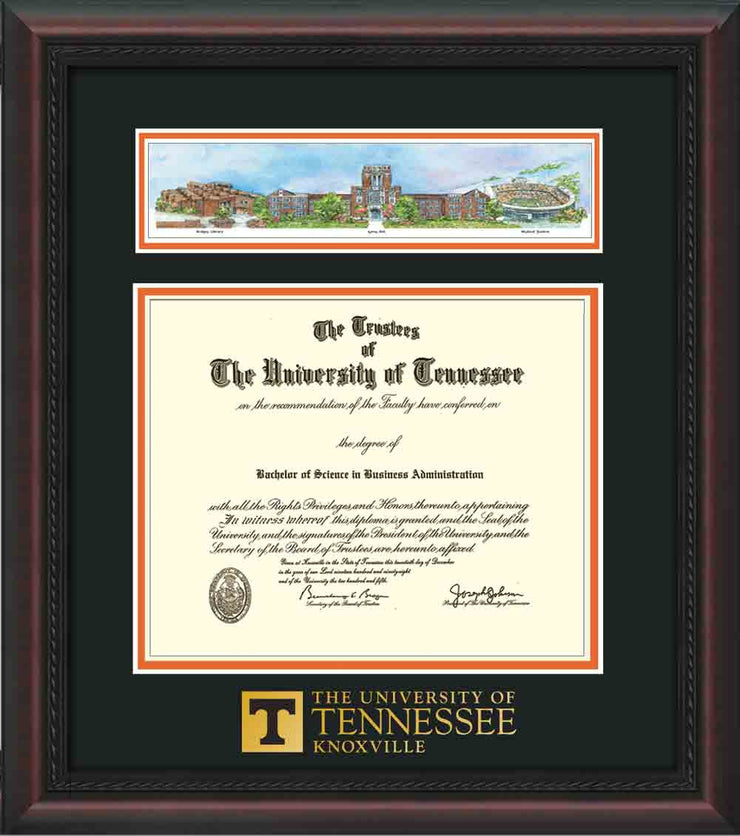 Image of University of Tennessee Diploma Frame - Mahogany Braid - w/Embossed UTK School Wordmark Only - Campus Collage - Black on Orange mat