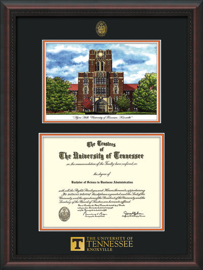 Image of University of Tennessee Diploma Frame - Mahogany Braid - w/Embossed UTK Seal & Wordmark - Campus Watercolor - Black on Orange mat