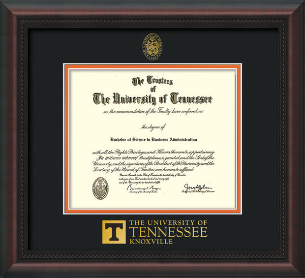 Image of University of Tennessee Diploma Frame - Mahogany Braid - w/Embossed UTK Seal & Wordmark - Black on Orange Mat
