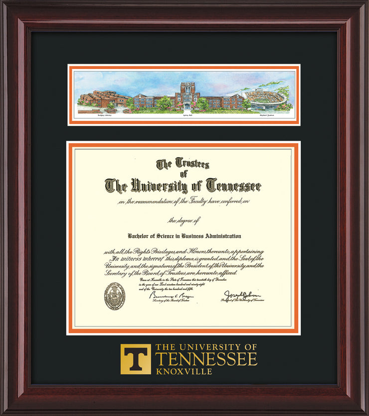 Image of University of Tennessee Diploma Frame - Mahogany Lacquer - w/Embossed UTK School Wordmark Only - Campus Collage - Black on Orange mat