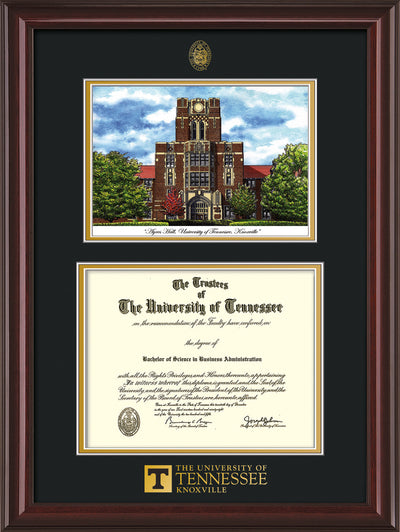 Image of University of Tennessee Diploma Frame - Mahogany Lacquer - w/Embossed UTK Seal & Wordmark - Campus Watercolor - Black on Gold mat