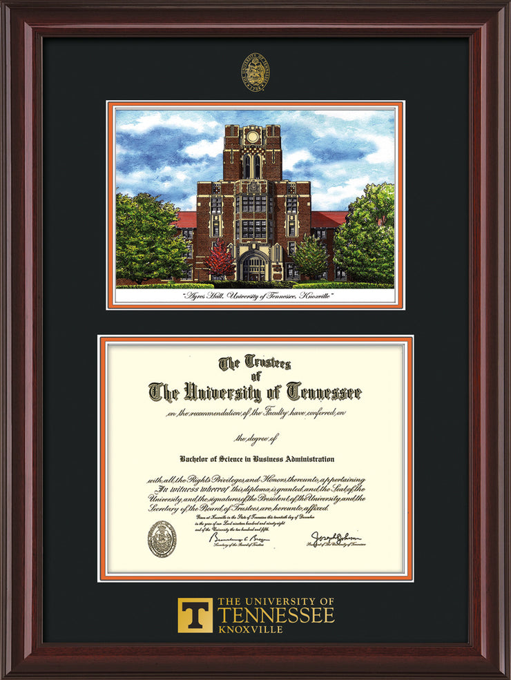 Image of University of Tennessee Diploma Frame - Mahogany Lacquer - w/Embossed UTK Seal & Wordmark - Campus Watercolor - Black on Orange mat