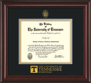 Image of University of Tennessee Diploma Frame - Mahogany Lacquer - w/Embossed UTK Seal & Wordmark - Black on Gold Mat