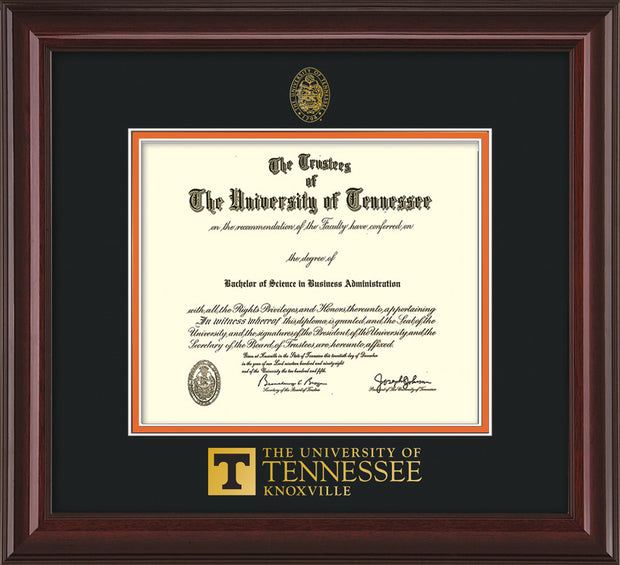 Image of University of Tennessee Diploma Frame - Mahogany Lacquer - w/Embossed UTK Seal & Wordmark - Black on Orange Mat