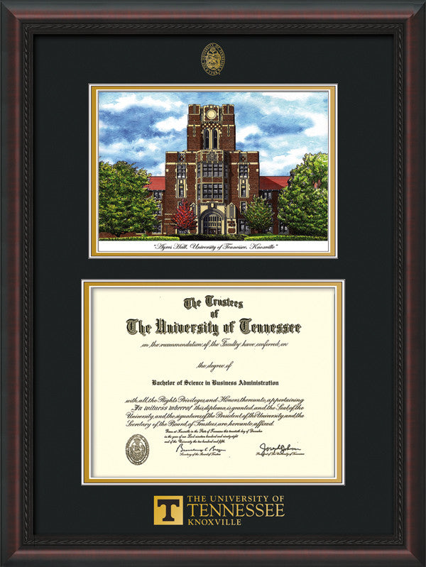 Image of University of Tennessee Diploma Frame - Mahogany Braid - w/Embossed UTK Seal & Wordmark - Campus Watercolor - Black on Gold mat