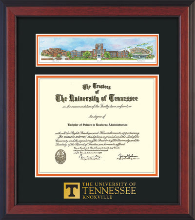 Image of University of Tennessee Diploma Frame - Cherry Reverse - w/Embossed UTK School Wordmark Only - Campus Collage - Black on Orange mat
