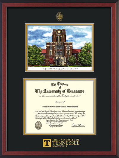 Image of University of Tennessee Diploma Frame - Cherry Reverse - w/Embossed UTK Seal & Wordmark - Campus Watercolor - Black on Gold mat