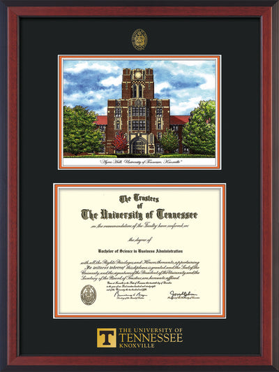 Image of University of Tennessee Diploma Frame - Cherry Reverse - w/Embossed UTK Seal & Wordmark - Campus Watercolor - Black on Orange mat