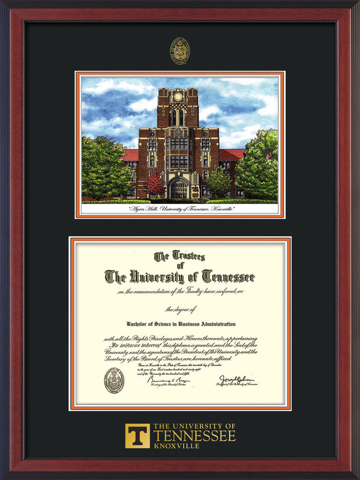 Image of University of Tennessee Diploma Frame - Cherry Reverse - w/Embossed UTK Seal & Wordmark - Campus Watercolor - Black on Orange mat