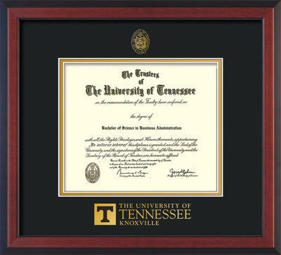 Image of University of Tennessee Diploma Frame - Cherry Reverse - w/Embossed UTK Seal & Wordmark - Black on Gold Mat