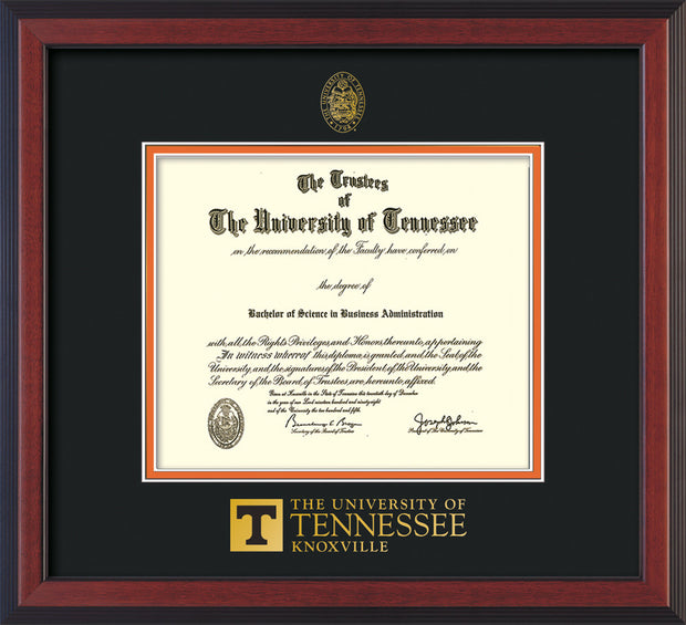 Image of University of Tennessee Diploma Frame - Cherry Reverse - w/Embossed UTK Seal & Wordmark - Black on Orange Mat