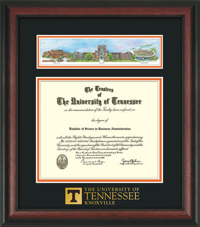 Image of University of Tennessee Diploma Frame - Rosewood - w/Embossed UTK School Wordmark Only - Campus Collage - Black on Orange mat