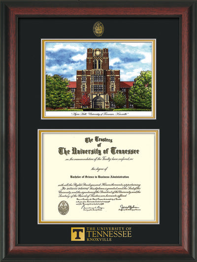 Image of University of Tennessee Diploma Frame - Rosewood - w/Embossed UTK Seal & Wordmark - Campus Watercolor - Black on Gold mat