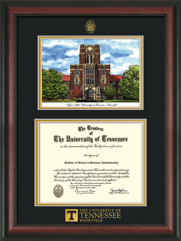 Image of University of Tennessee Diploma Frame - Rosewood - w/Embossed UTK Seal & Wordmark - Campus Watercolor - Black on Gold mat