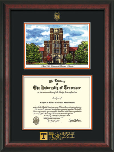 Image of University of Tennessee Diploma Frame - Rosewood - w/Embossed UTK Seal & Wordmark - Campus Watercolor - Black on Orange mat