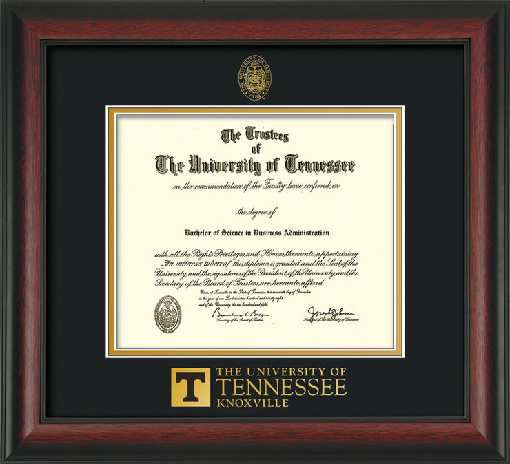 Image of University of Tennessee Diploma Frame - Rosewood - w/Embossed UTK Seal & Wordmark - Black on Gold Mat