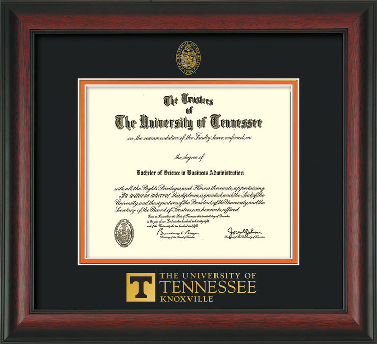 Image of University of Tennessee Diploma Frame - Rosewood - w/Embossed UTK Seal & Wordmark - Black on Orange Mat