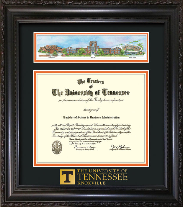 Image of University of Tennessee Diploma Frame - Vintage Black Scoop - w/Embossed UTK School Wordmark Only - Campus Collage - Black on Orange mat