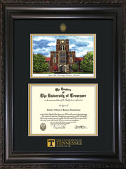 Image of University of Tennessee Diploma Frame - Vintage Black Scoop - w/Embossed UTK Seal & Wordmark - Campus Watercolor - Black on Gold mat
