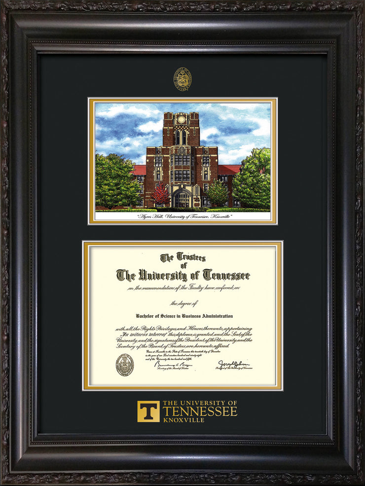 Image of University of Tennessee Diploma Frame - Vintage Black Scoop - w/Embossed UTK Seal & Wordmark - Campus Watercolor - Black on Gold mat
