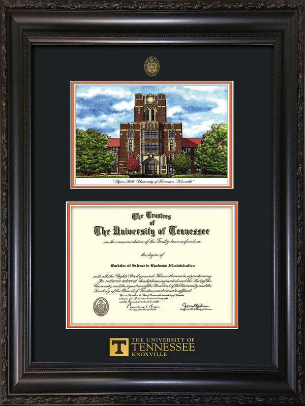 Image of University of Tennessee Diploma Frame - Vintage Black Scoop - w/Embossed UTK Seal & Wordmark - Campus Watercolor - Black on Orange mat