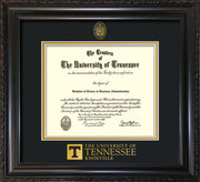 Image of University of Tennessee Diploma Frame - Vintage Black Scoop - w/Embossed UTK Seal & Wordmark - Black on Gold Mat