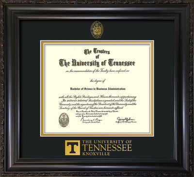 Image of University of Tennessee Diploma Frame - Vintage Black Scoop - w/Embossed UTK Seal & Wordmark - Black on Gold Mat