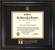 Image of University of Tennessee Diploma Frame - Vintage Black Scoop - w/Embossed UTK Seal & Wordmark - Black on Orange Mat