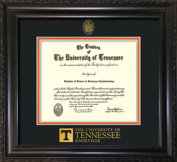 Image of University of Tennessee Diploma Frame - Vintage Black Scoop - w/Embossed UTK Seal & Wordmark - Black on Orange Mat