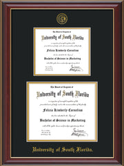 Image of University of South Florida Diploma Frame - Cherry Lacquer - w/Embossed USF Seal & Name - Double Diploma for 8.5x11 & 11x14 diplomas - Black on Gold mats