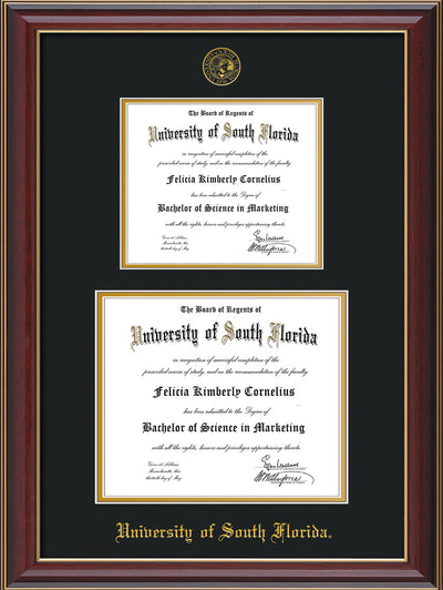 Image of University of South Florida Diploma Frame - Cherry Lacquer - w/Embossed USF Seal & Name - Double Diploma for 8.5x11 & 11x14 diplomas - Black on Gold mats